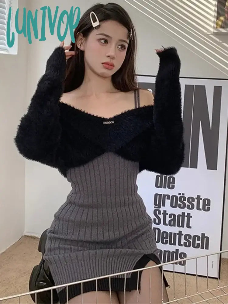 Limited Quantity Lunivop 2024 Spring Y2k Two Peices Set Sexy Elegant Long Sleeve Sweater Pullovers + Women Knitted Split Mini Dresses Female Cute Vestido
