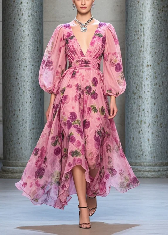 winter dressItalian Rose Cinched Print Chiffon Long Dresses Lantern Sleeve