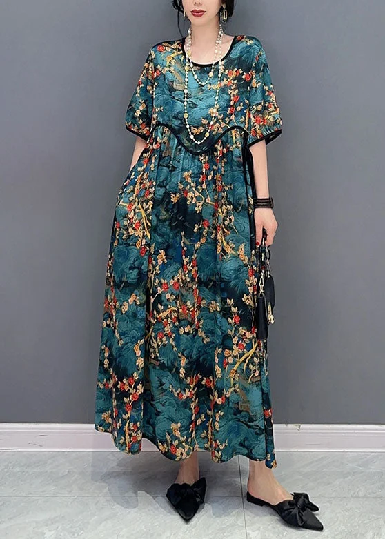 Steals and Deals lace-up dresslace-up dressFrench Blue O Neck Print Wrinkled Patchwork Cotton Dresses Summer