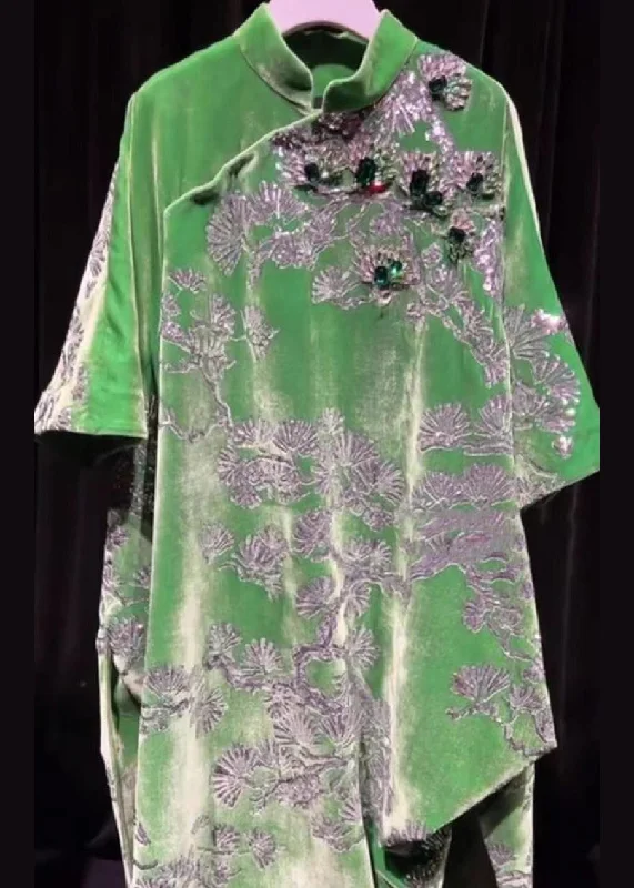 comfy maxi dressNew Chinese Style Green Stand Collar Gilding Asymmetrical Design Dress Summer