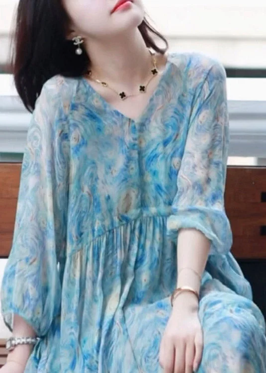 lace-up dressClassy V Neck Print Cinched Silk Long Dress Bracelet Sleeve