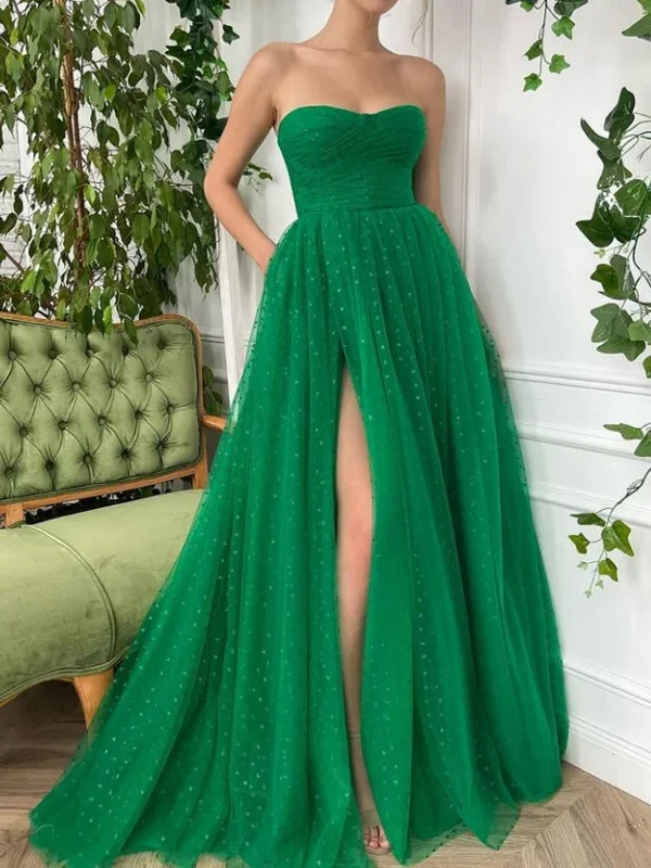 Markdowns wrap dresswrap dressElegant Strapless Green Tulle Long Prom Dresses with High Slit, Long Green Formal Graduation Evening Dresses SP2612