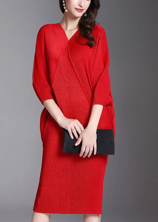 elegant shift dressRed V-Neck slim Hip Dress Half Sleeve