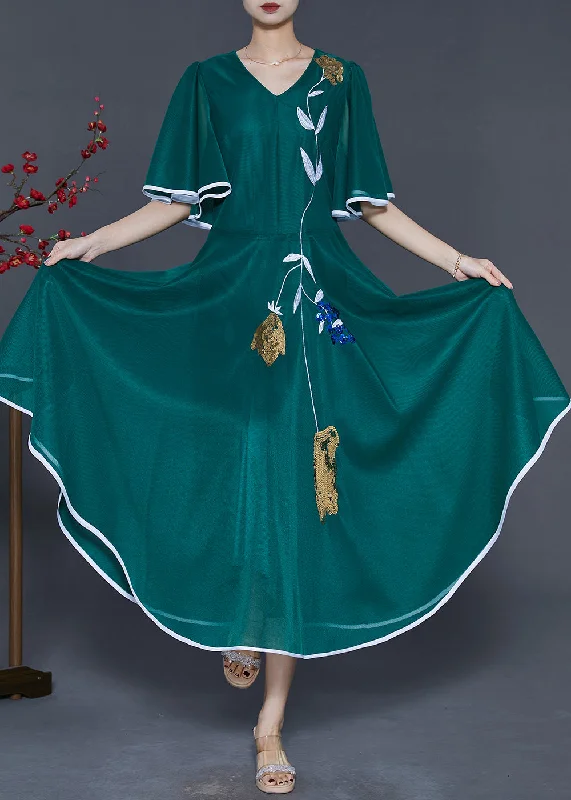 puff sleeve dressElegant Peacock Green Embroidered Silk Long Dresses Summer