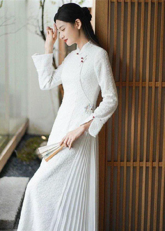 stylish dressDIY White Stand Collar Patchwork Wrinkled Button Cotton Maxi Dresses Long Sleeve