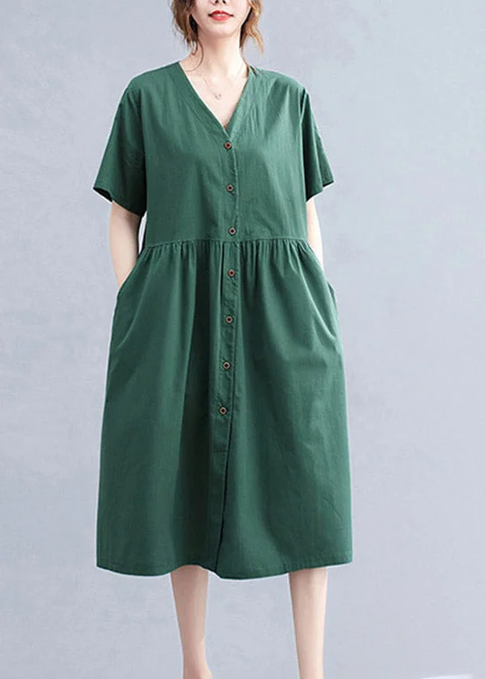 modern dressStylish Blackish Green V Neck Button Pockets Cotton Long Dress Short Sleeve