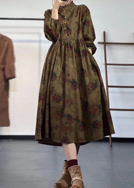 Weekend Special chic shift dresschic shift dressBeautiful Yellow Stand Collar Ruffled Print Corduroy Dress Winter