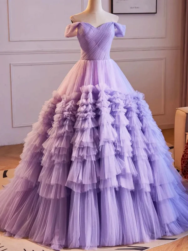 Last Chance sleeveless dresssleeveless dressGorgeous Off the Shoulder Layered Lilac Tulle Long Prom Dresses, Purple Tulle Formal Dresses, Lilac Ball Gown SP2883