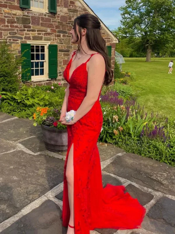 Deal Mania ruched dressruched dressOpen Back V Neck Mermaid Red Lace Long Prom Dresses with High Slit, Mermaid Red Formal Dresses, Red Lace Evening Dresses SP2934 Deal Mania ruched dressruched dressOpen Back V Neck Mermaid Red Lace Long Prom Dresses with High Slit, Mermaid Red Formal Dresses, Red Lace Evening Dresses SP2934