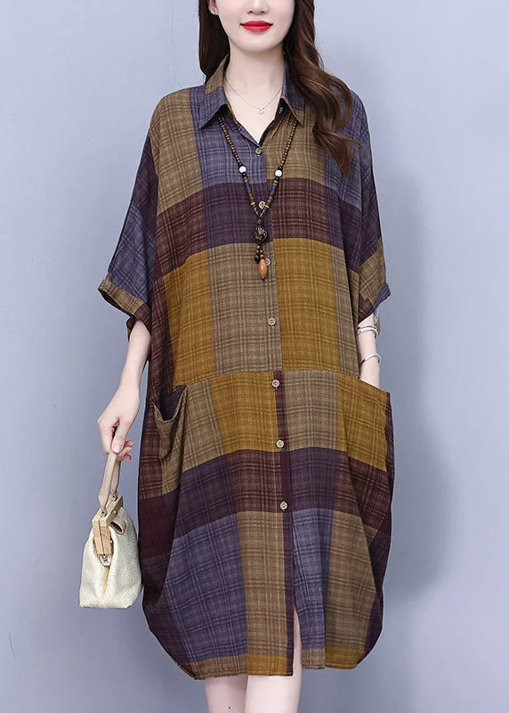 one-shoulder dressVintage Peter Pan Collar Plaid Long Shirt Dress Summer