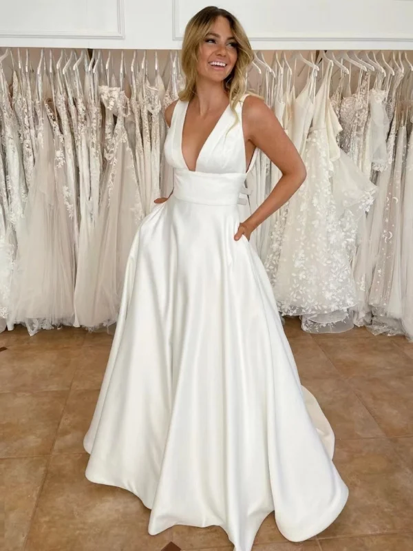 Referral Discount romantic dressromantic dressA Line V Neck White Satin Long Prom Dresses, V Neck White Formal Graduation Evening Dresses SP2713