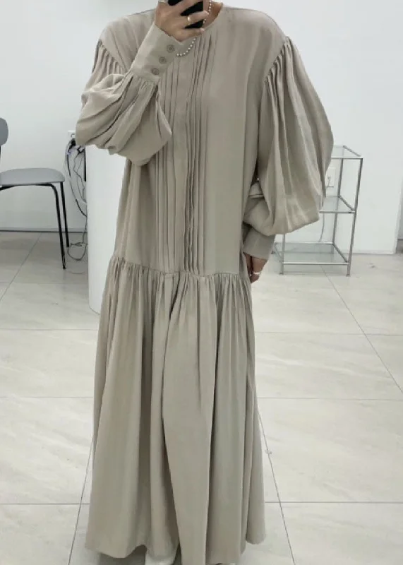 Lowest Price denim dressdenim dressFrench Khaki O Neck Wrinkled Patchwork Cotton Dresses Spring