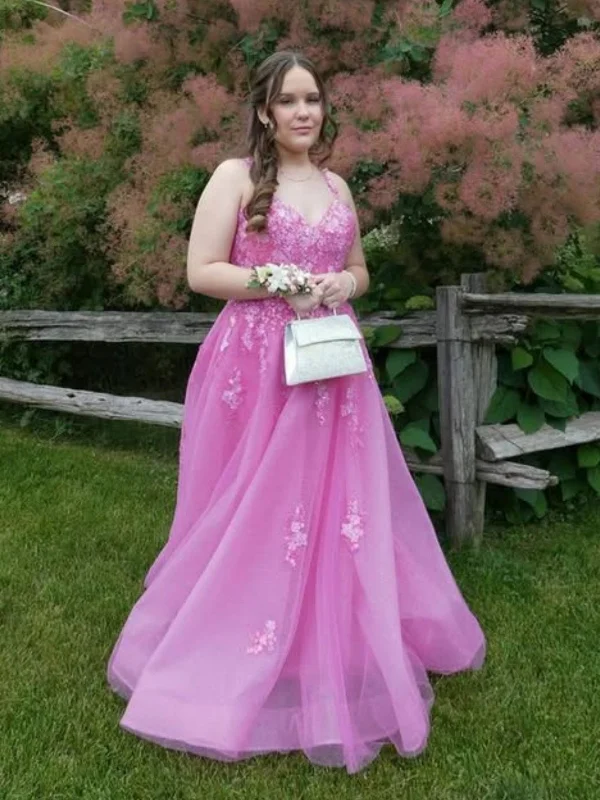 Best Seller comfy dresscomfy dressA Line V Neck Hot Pink Lace Long Prom Dresses, Hot Pink Lace Formal Graduation Evening Dresses SP3104