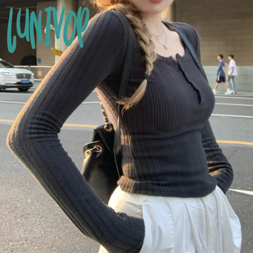 Bargain Bin Lunivop Women Long Sleeve Pullover Tops Square Collar Slim Knit Sweater Autumn and Winter New Sweet Fashion Casual Sweater