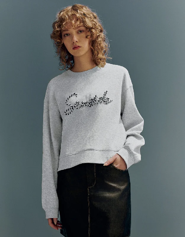 Unmissable Offer Letter Embroidered Crew Neck Loose Sweatshirt