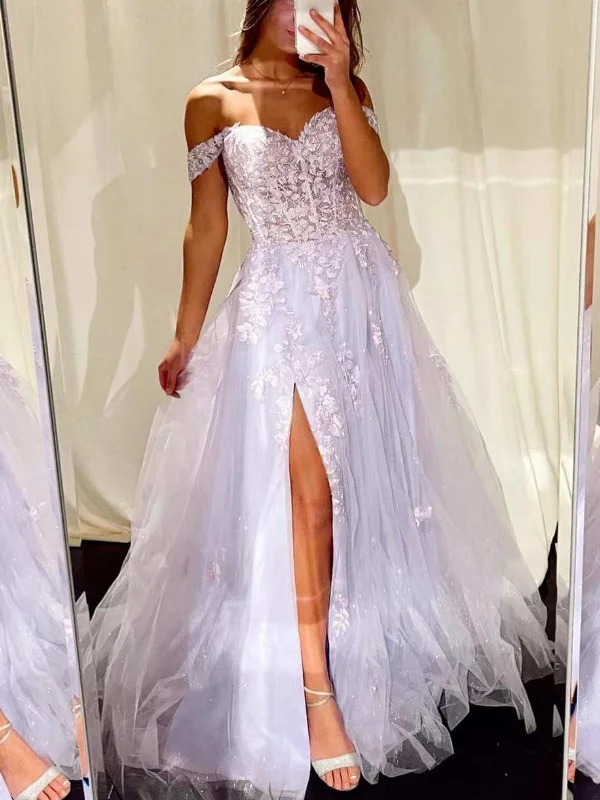 Deal Dash wool dresswool dressOff Shoulder Lilac Lace Long Prom Dresses with High Slit, Off the Shoulder Lilac Formal Dresses, Lilac Lace Evening Dresses SP2767