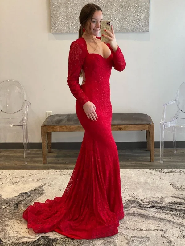 Season Finale Sale casual slip dresscasual slip dressLong Sleeves Mermaid Red Lace Prom Dresses, Long Beaded Red Lace Formal Dresses, Red Evening Dresses SP2498
