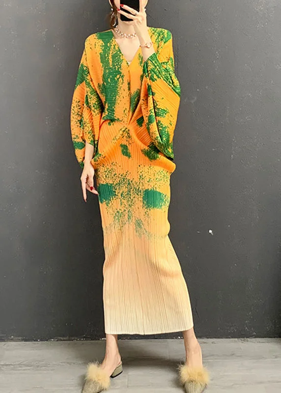 trendy dressNatural Green V Neck Print Wrinkled Silk Long Dress Long Sleeve