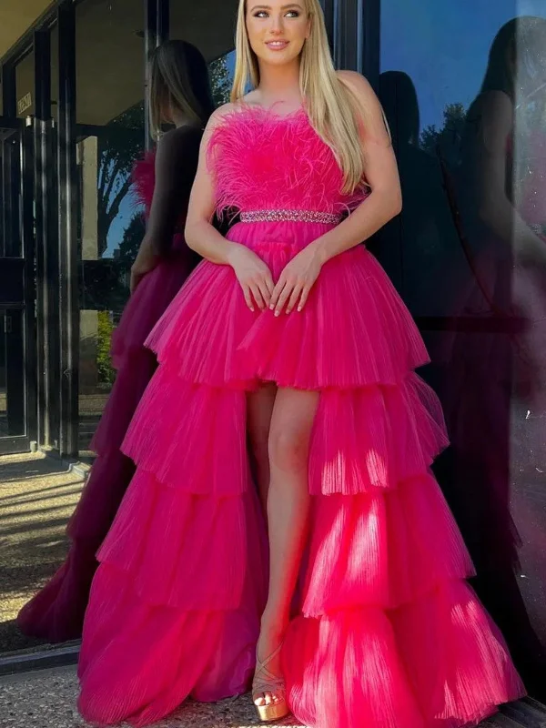 Discount Days evening dressevening dressStrapless High Low Hot Pink Feathers Long Prom Dresses, High Low Hot Pink Formal Dresses, Hot Pink Evening Dresses SP2808