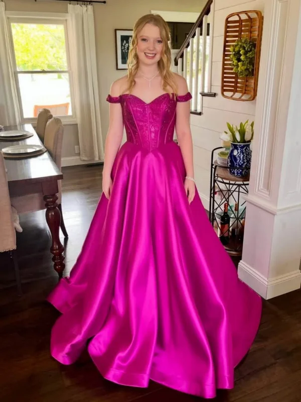 Final Sale romantic dressromantic dressOff Shoulder Magenta Lace Top Long Prom Dresses 2025, Off the Shoulder Magenta Formal Dresses, Magenta Evening Dresses SP3087