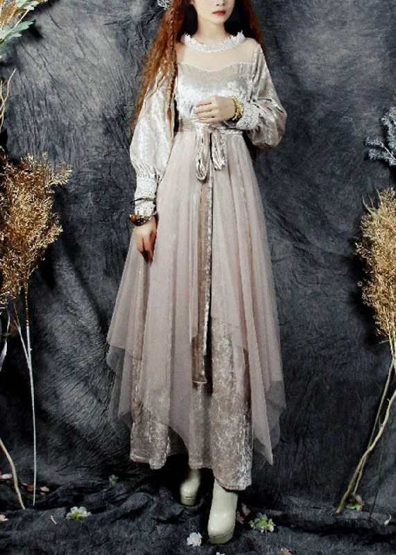 Price Drop casual summer dresscasual summer dressBeautiful Beige Hollow Out Tulle Patchwork Silk Velour Long Dresses Spring