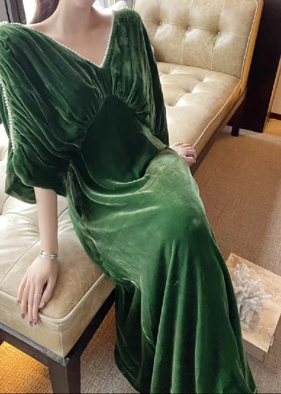 Today Only chic dresschic dressCasual Green V Neck Nail Bead Tunic Velour Maxi Dress Half Sleeve