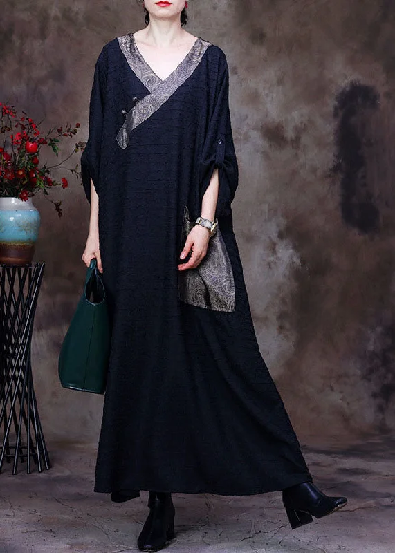 statement dressVintage Black Patchwork Pocket Wrinkled Oriental Button Silk Dress Long Sleeve