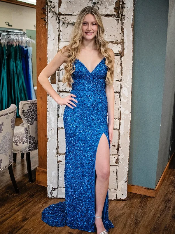 Price Reduction ashionable dressashionable dressV Neck Open Back Mermaid Blue Sequins Long Prom Dresses with High Slit, Mermaid Blue Formal Graduation Evening Dresses SP2589