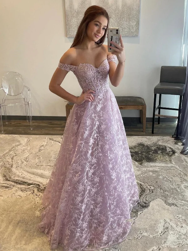 Shop and Save midi dressmidi dressOff Shoulder Lilac Lace Long Prom Dresses, Off the Shoulder Formal Dresses, Lilac Evening Dresses SP2638