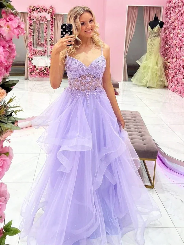 Buy More, Save More boho-chic dressboho-chic dressGorgeous V Neck Beaded Purple Lace Floral Long Prom Dresses, Purple Lace Formal Dresses, Lilac Tulle Evening Dresses SP2405