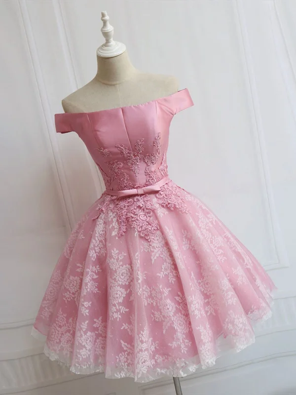 Instant Discount flowy evening dressflowy evening dressOff the Shoulder Short Pink Lace Prom Dresses, Off Shoulder Pink Homecoming Dresses, Short Pink Formal Evening Dresses