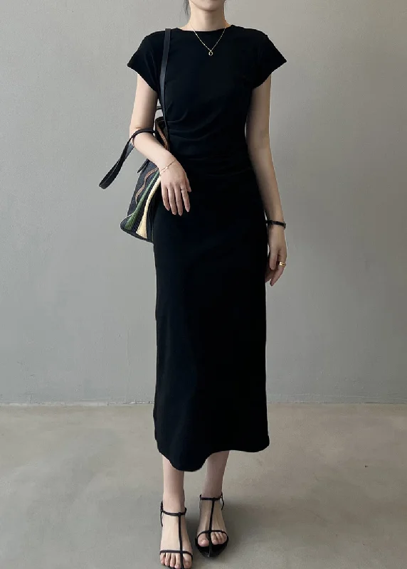 fitted dressBlack High Waist Cotton Dress O-Neck Short Sleeve