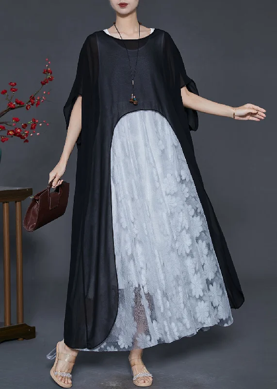 casual knit dressFrench Black Asymmetrical Oversized Chiffon Long Dress Summer