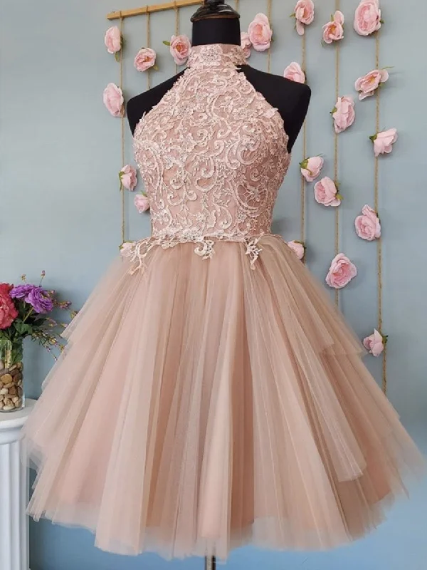 Clearance Items silk dresssilk dressHalter Neck Open Back Champagne Lace Short Prom Dresses, Champagne Lace Formal Graduation Homecoming Dresses