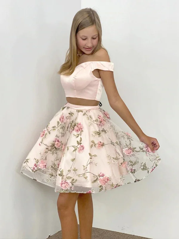 Online Only chic wrap dresschic wrap dressOff Shoulder Two Pieces Short Pink Lace Floral Prom Dresses, Off Shoulder Pink Homecoming Dresses with 3D Flowers, Pink Formal Evening Dresses SP2409