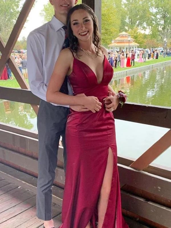 Deal Frenzy comfy dresscomfy dressV Neck Mermaid Burgundy Satin Long Prom Dresses with High Slit, Mermaid Burgundy Formal Graduation Evening Dresses SP2364