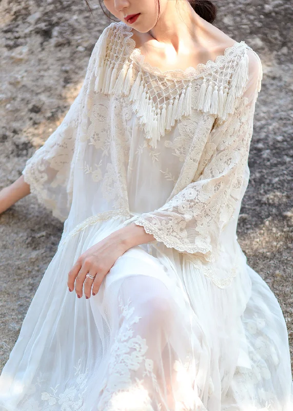 Price Meltdown satin dresssatin dressOrganic Beige O-Neck Embroideried Floral Lace Tassel Silk Long Dress Long Sleeve