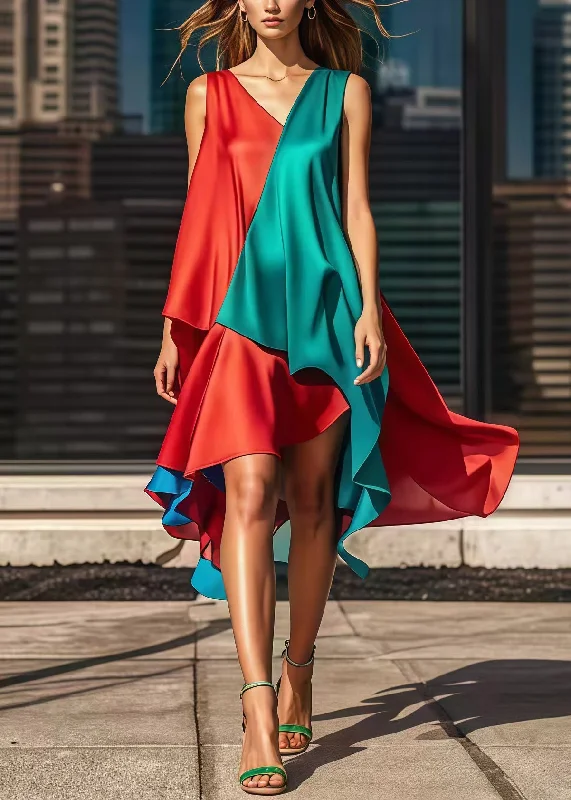 comfy maxi dressStylish Colorblock Asymmetrical Patchwork Silk Dress Summer