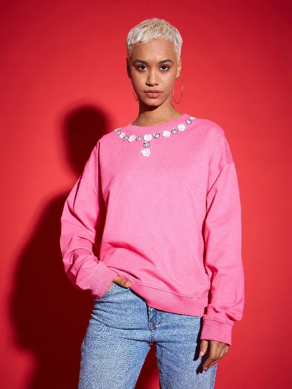 Act Now minimaWomen Pink Terry Neck Sequin Embellished Oversized Sweatshirt