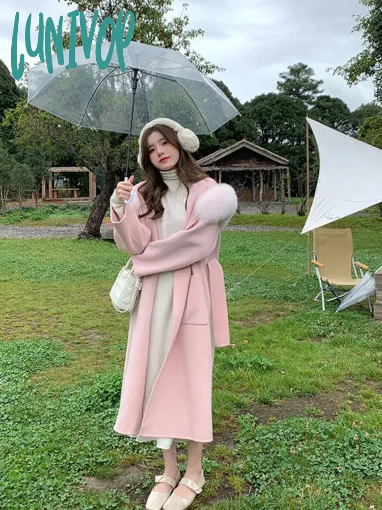 Act Fast Lunivop WOMEN Elegant Pink Sweet Wool Coats Fur Collar Casual Loose Korean Warm Coats With Belt Winter Hooded Christmas Outerwears