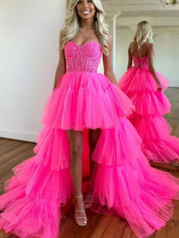 Early Bird Discount flowy maxi dressflowy maxi dressStrapless Layered High Low Hot Pink Tulle Lace Long Prom Dresses, Hot Pink Lace Formal Evening Dresses, High Low Ball Gown SP2594