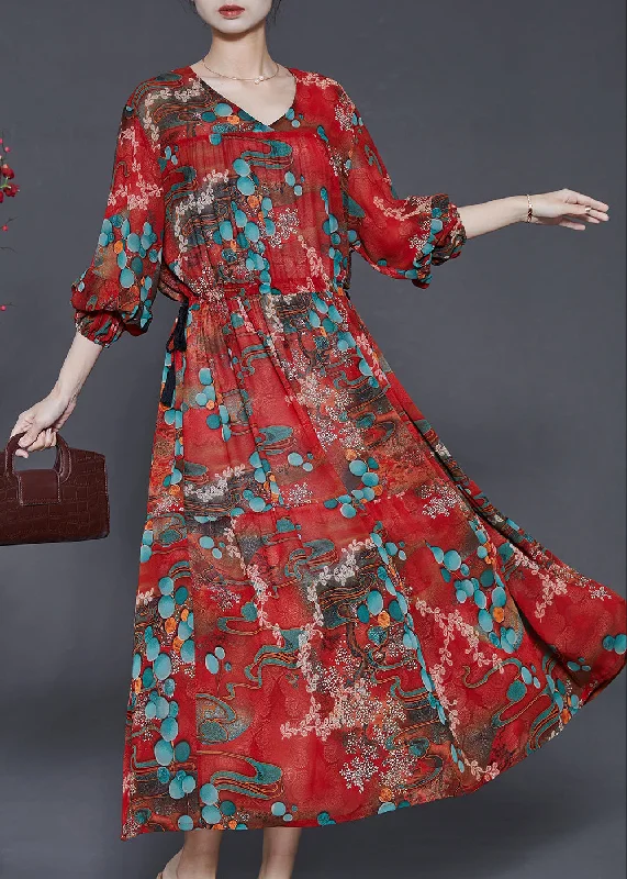 floral wrap dressRed Print Chiffon Dress Cinched Exra Large Hem Spring