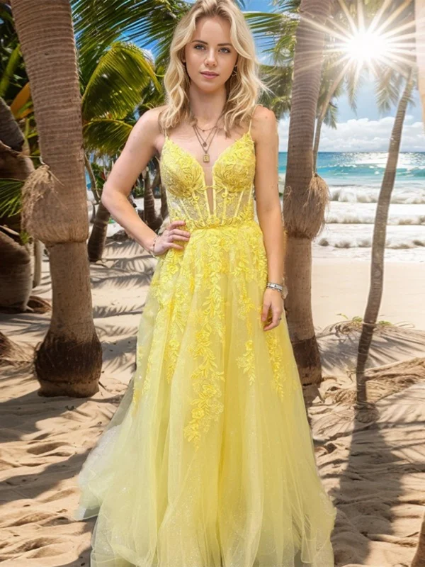Huge Savings casual summer dresscasual summer dressA Line V Neck Yellow Lace Long Prom Dresses, Yellow Lace Formal Dresses, Yellow Evening Dresses SP2906