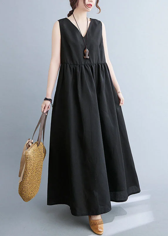 Huge Discounts luxury dressluxury dressBlack Patchwork Cotton Summer Dress Wrinkled V Neck Sleeveless