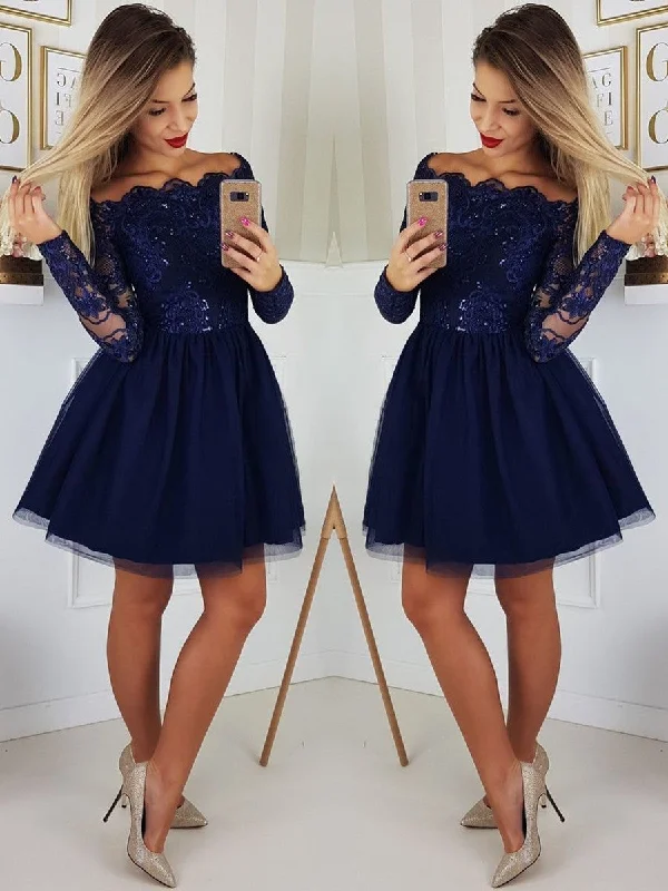 Flash Deals velvet dressvelvet dressA Line Long Sleeves Lace Navy Blue Short Prom Dresses, Navy Blue Lace Homecoming Dresses