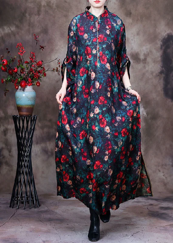 silk dressVintage Black Stand Collar Floral Print Side Open Silk Long Dresses Long Sleeve