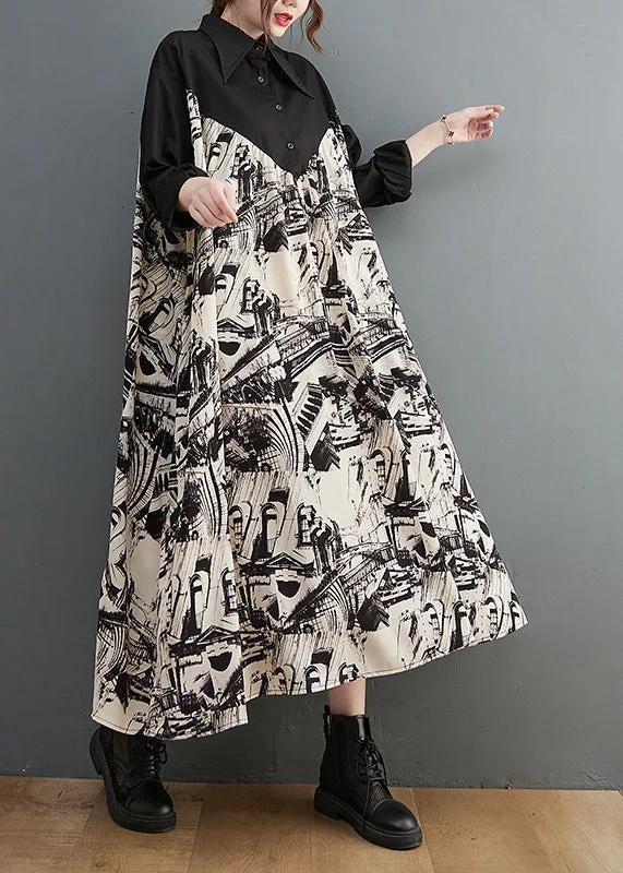 formal dressPlus Size Black Peter Pan Collar Print Patchwork Button Maxi Dress Long Sleeve