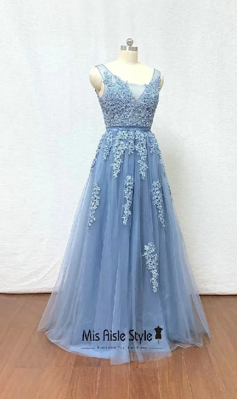 Midnight Sale trendy bodycon dresstrendy bodycon dressA line Blue Lace V-back Prom Dress