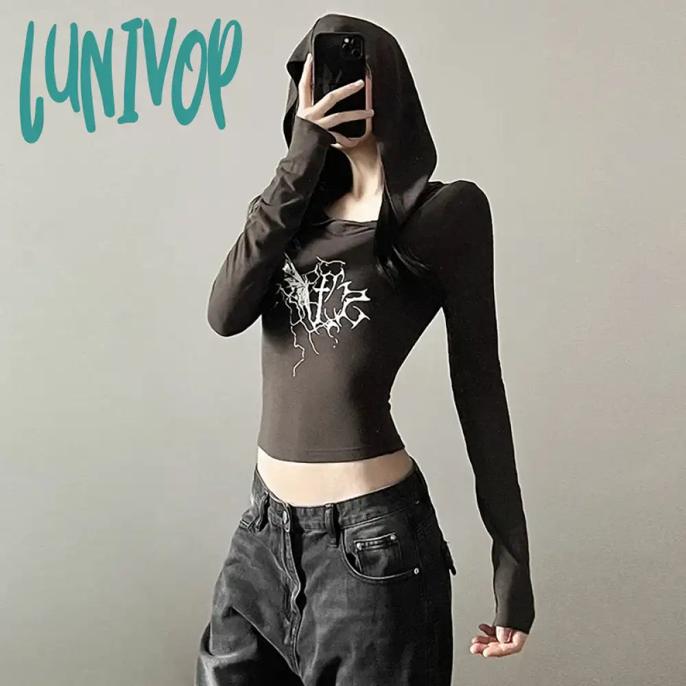 Grand Opening Sale Lunivop Trendy Printed All-match Casual Tight Sexy Hot High Street Cool Young Girl Long Sleeve Hooded Base Shirt Crop-Top