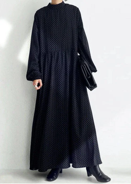 Online Specials stylish dressstylish dressLoose Black Stand Collar Print Exra Large Hem Chiffon Maxi Dress Spring